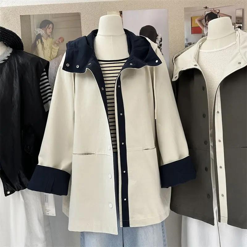 

Advanced Contrast Windbreaker Coat Women Spring Autumn New Hooded Jacket Fashion Casual Outerwear Loose Long Overwear Ladies Top