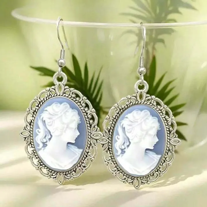 Beauty Cameo Earring, Engraved Jewelry, Victorian, Gothic Accessories, Vintage, Portrait Relief, Mysterious, Ear Hook. For Women