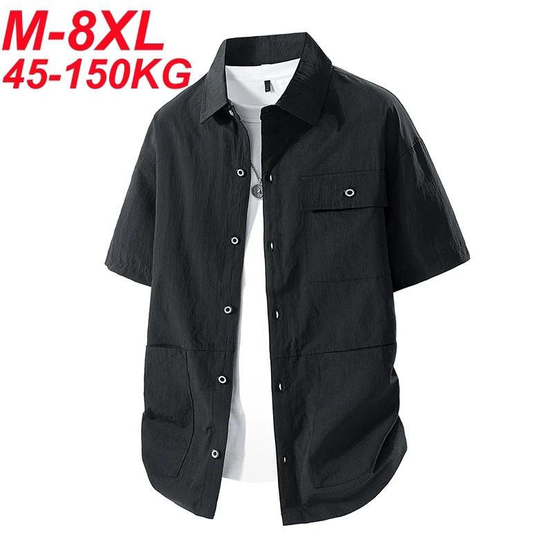 Summer Shirts for Men Big Size 6XL 7XL 8XL Breathable Business Formal Shirt Male Short Sleeve Solid Color Khaki White 50-140KG
