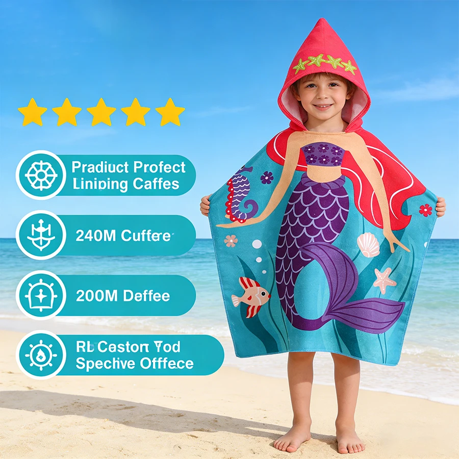 1 Cartoon Hooded Bathrobe Suitable for Boys and Girls, Can Be Unfolded into a Flat Blanket, Polyester Fiber Bath Towel, Children's Small Cape, Water-Absorbent Quick-Dry Beach Towel, Cute Cartoon Swimming Bathrobe for Babies, Children's Holiday Gift