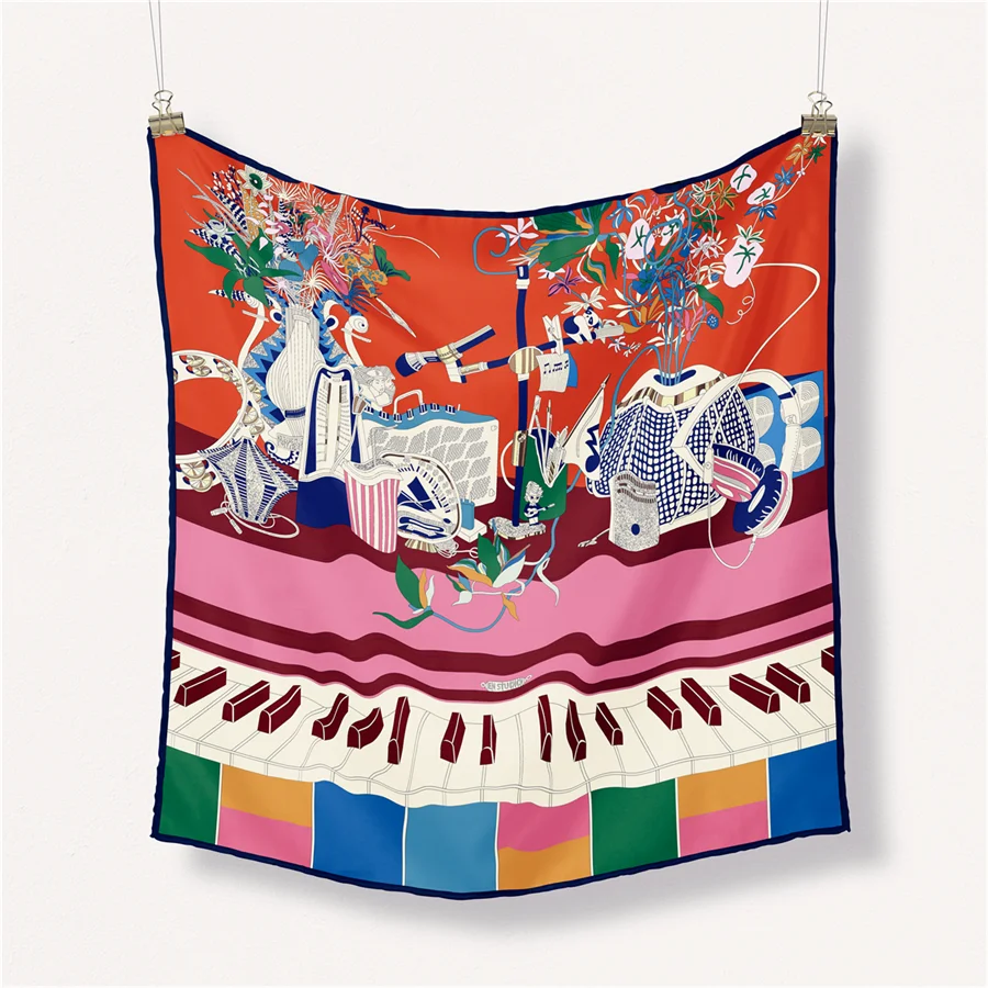 Twill Silk Scarf Woman Piano Concert Square Scarves Wraps Bandana Small Hijab Silk Foulards Tie Headband Neckerchief 53CM