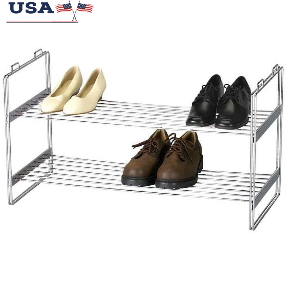 

10 Pair Stackable Metal Shoe Rack Storage Organizer Home Office 30x12 Inches Chrome Finish Lightweight Design