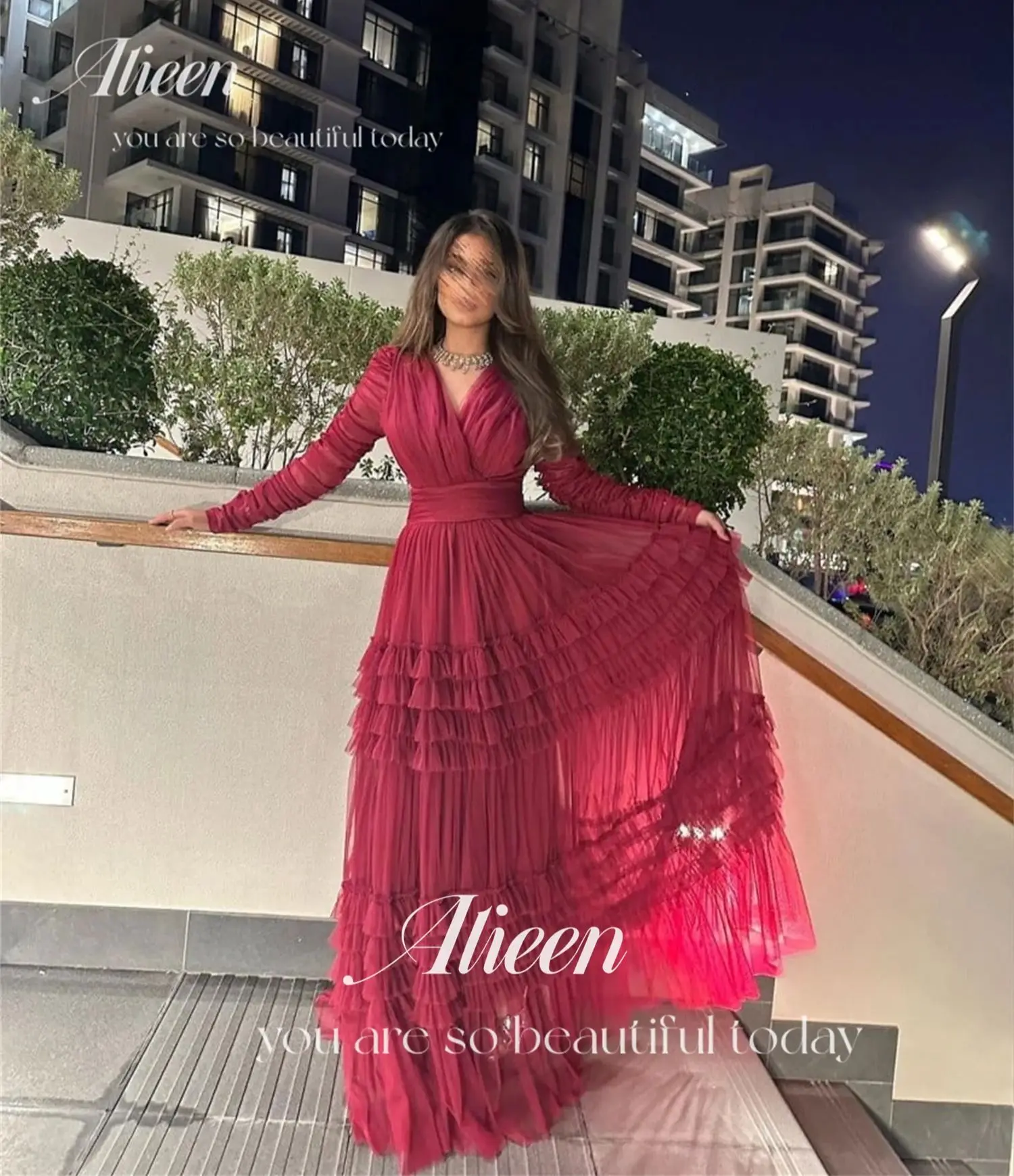 Eid Al-fitr Ball Gown Party Dress Mesh Rose Red Fluffy Formal Midi Dresses Elegant Women customized Luxury Weddings Gala Woman