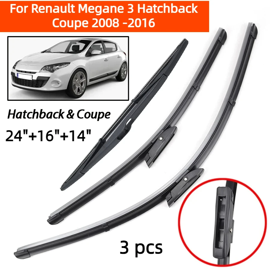 

Wiper Front & Rear Wiper Blades Set For Renault Megane 3 Hatchback Coupe 2008 - 2016 Windshield Windscreen Window 24"+16"+14"