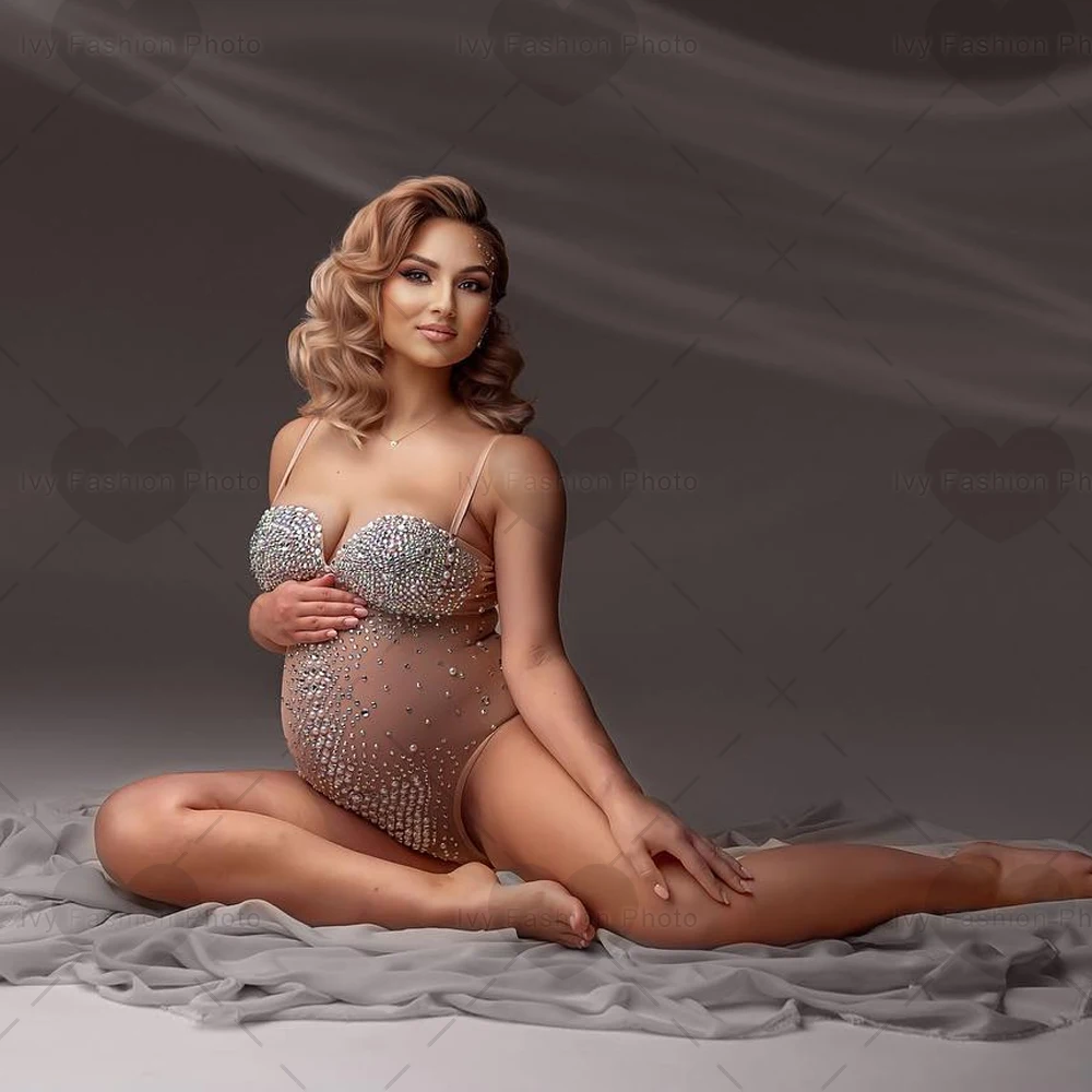 

Maternity Photography Bodysuit Shiny Luxurious Rhinestone Stretchy Mesh Pregnant Woman Bodysuits Skinny For Photo Shoot