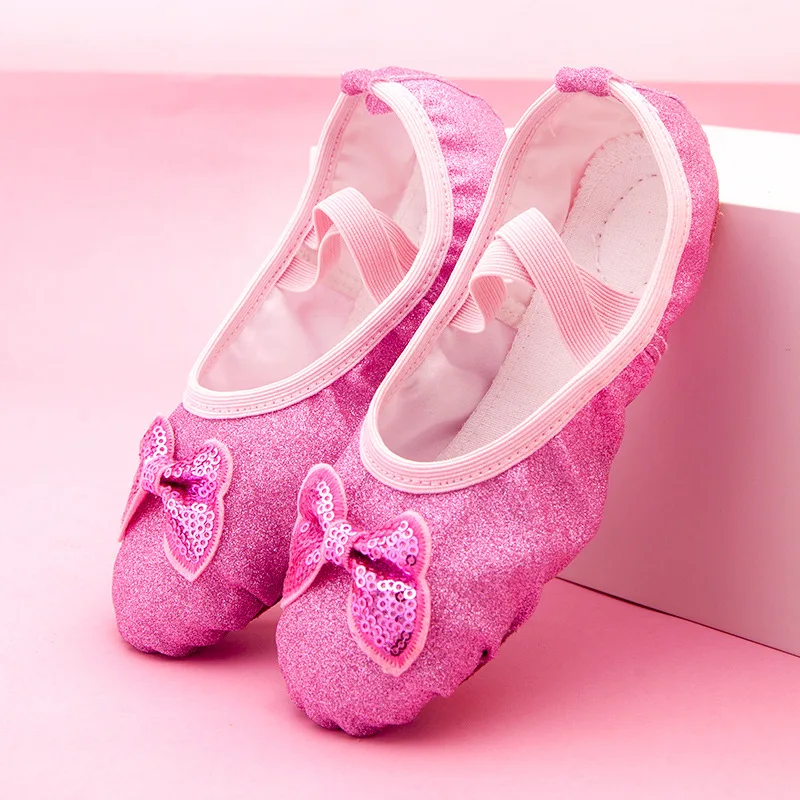 Shiny Pink Blue Bowknot Ballet Shoes for Girls Kids Shoes for Girl Geritide Dance Flat Dancing Shoe with Sequins for Girls