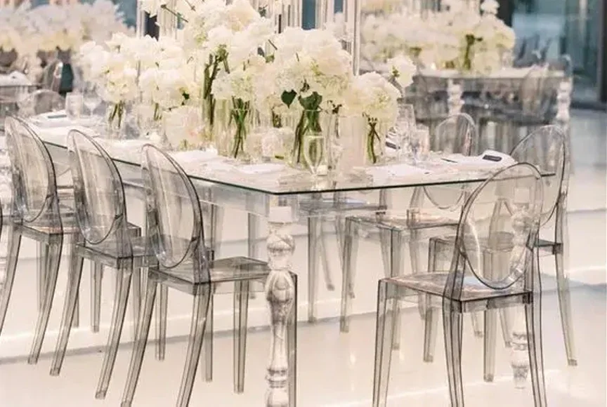 Restaurant Modern Design Banquet Transparent Acrylic  Crystal Glass Leg Dining Table Acrylic Hotel Tables