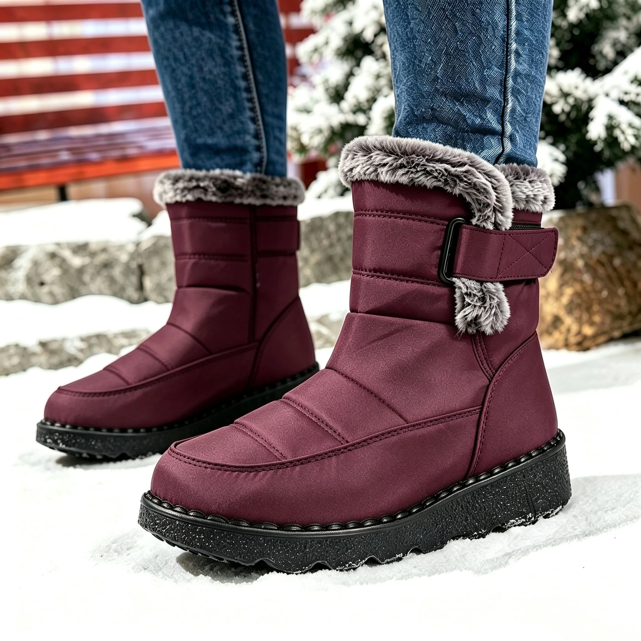 Damen Winter Pelzige Plateau-Schneestiefel 2026 Trend Wadenlange Winterstiefel Wasserdicht Rutschfest mit Schnalle Warm Flauschig Outdoor – Detail 10