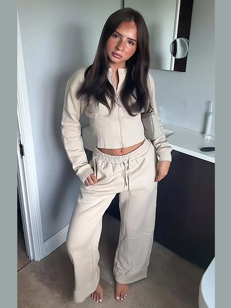 Elegancki damski komplet: bluza i długie spodnie, casualowy zestaw z długim rękawem, zapinany na zamek, krótki pulower, proste spodnie, garnitur do pracy.