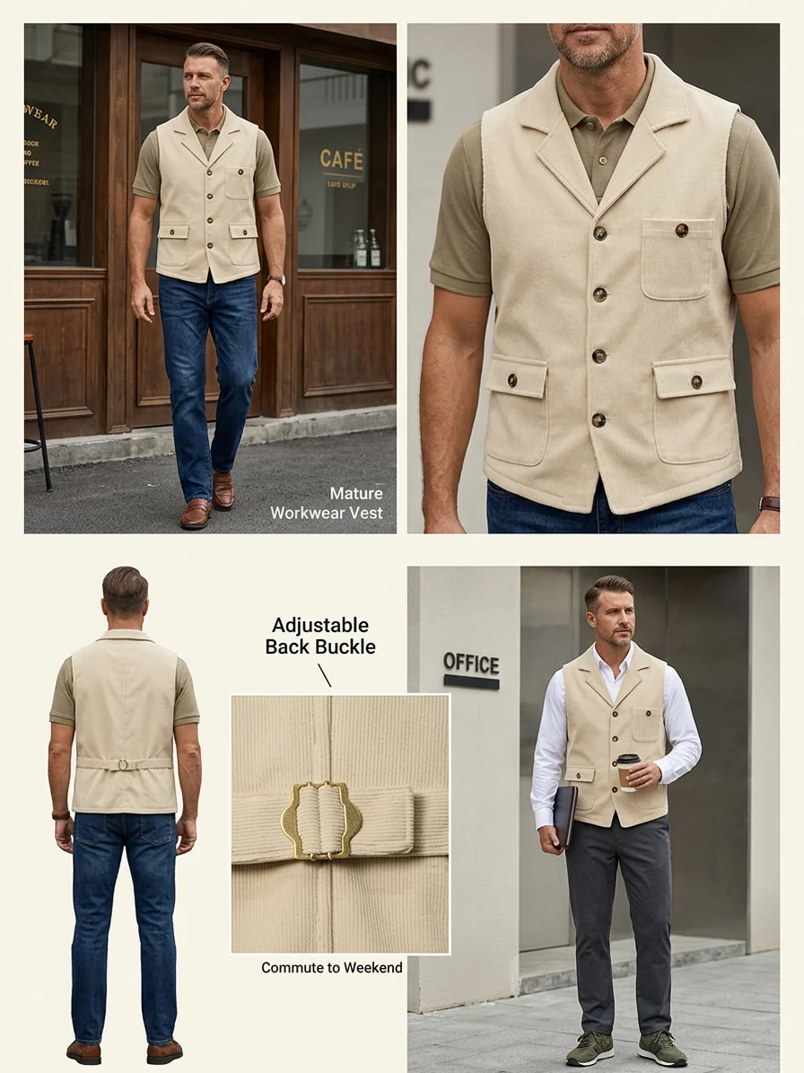 Herren Vintage Cord-Anzugweste mit Revers, Verstellbarem Rückengurt, Ärmellos, Business-Casual-Gilet mit Mehreren Taschen – Detail 4