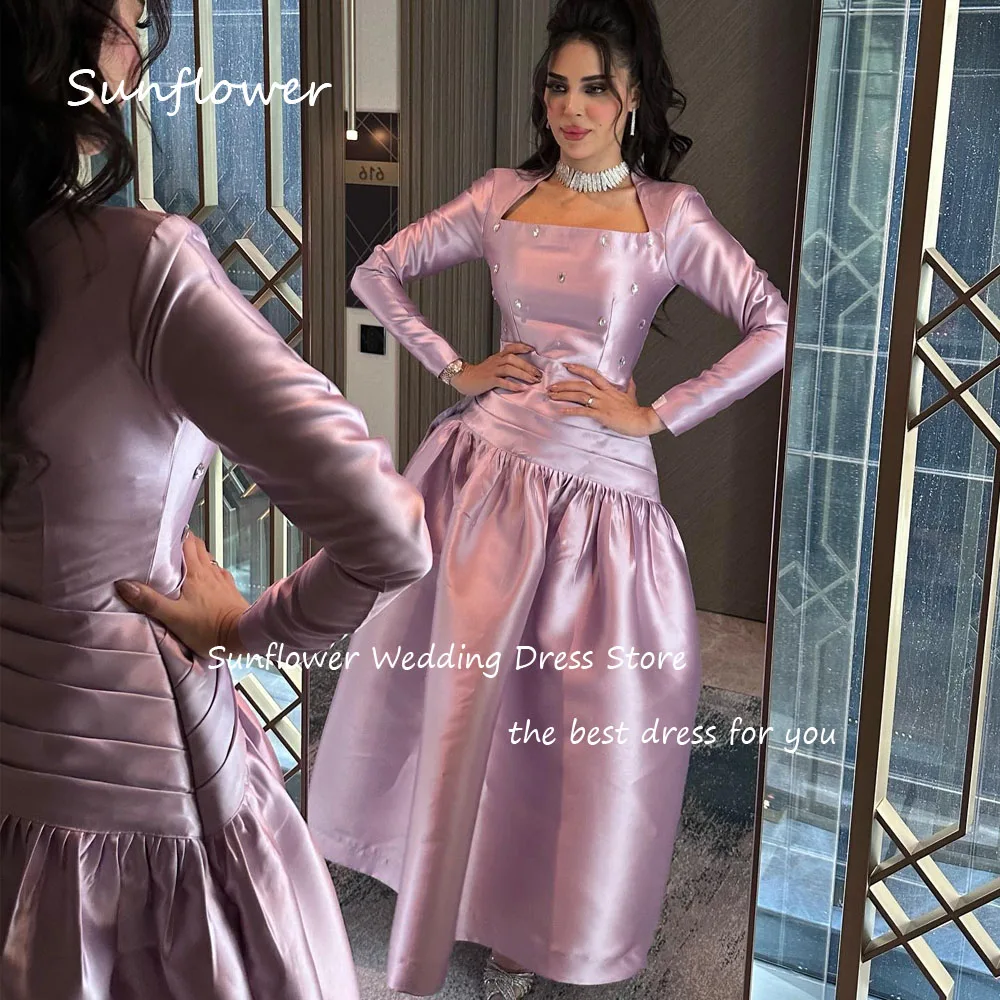 Sunflower Simple Pink Beading Square Collar A-LINE Formal Evening Dress Saudi Arabia 2024Slim Satin Long Ankle-Length Prom Dress