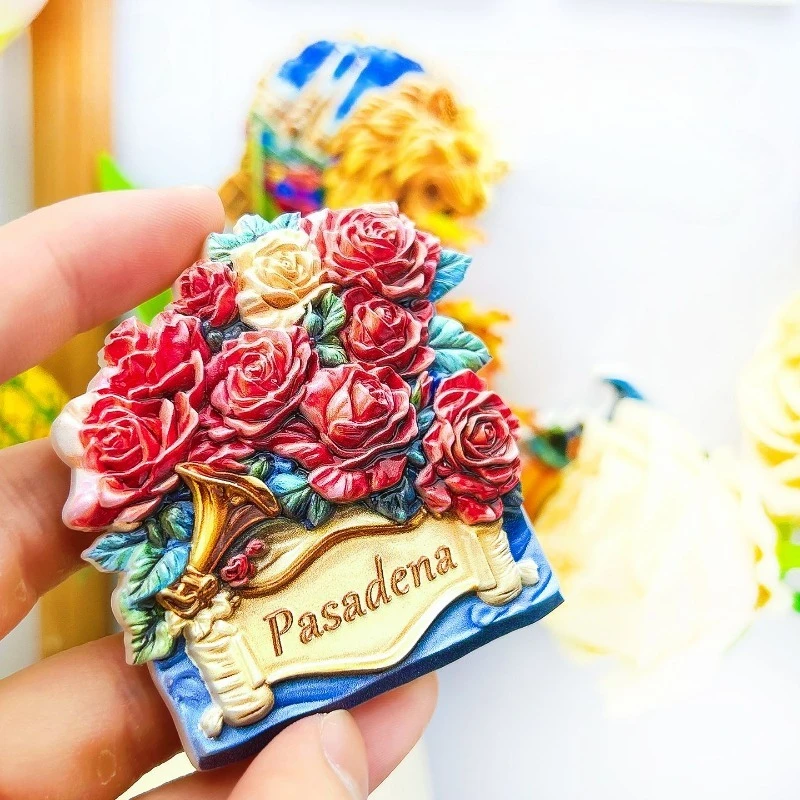 Pasadena Rose Fridge Magnet- Festive 3D Trumpet & Flower Souvenir Unique California Gift for Travel &