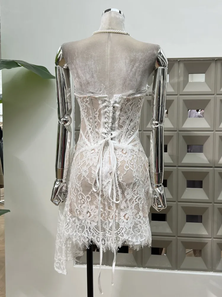 DFDG Women’s Vietnamese Vintage Designer Lace Dress Sheer Strapless Corset Tie Waist Party Spring Summer Evening Events Dress