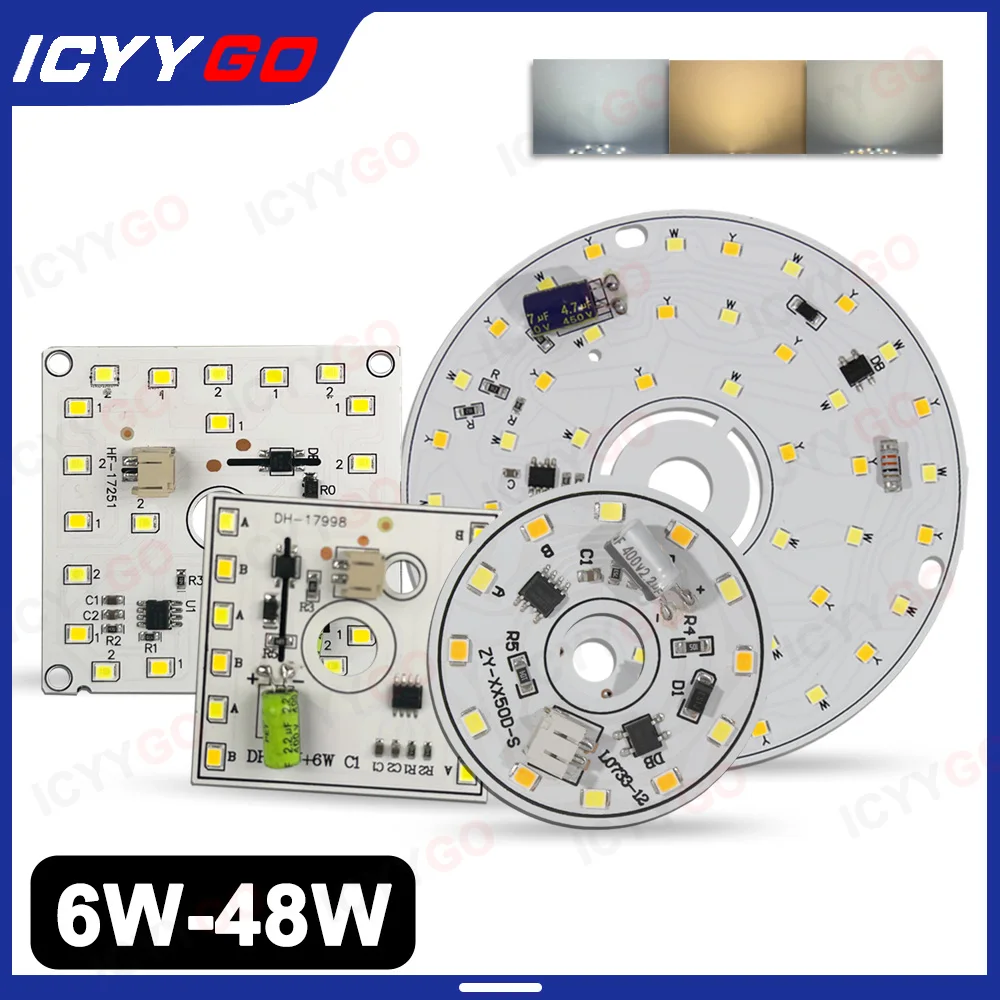 LED Driver-Free High Voltage Patch 220V 6W 12W 20W 24W 48W Three-Color Square Round Light Board LED Light Accessories Parts