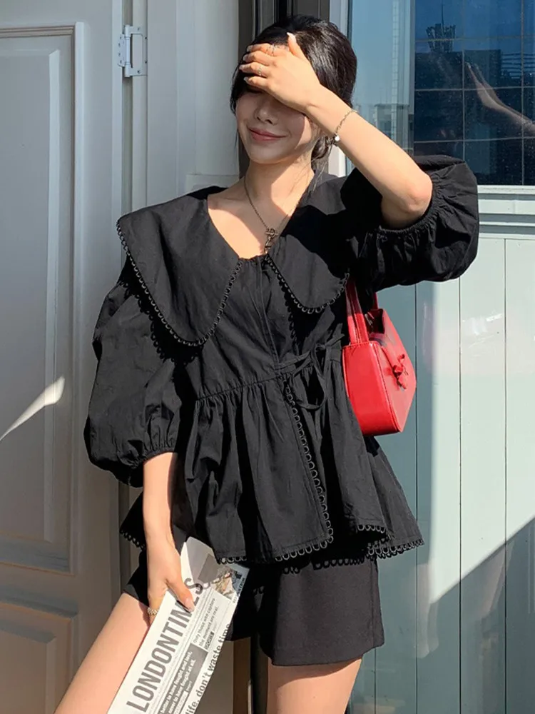 Korean Fashion Solid Loose White/Black Cotton Shirt for Women Sweet Doll collar Puff Sleeve Lace Tim Lace-up Blouse Tops