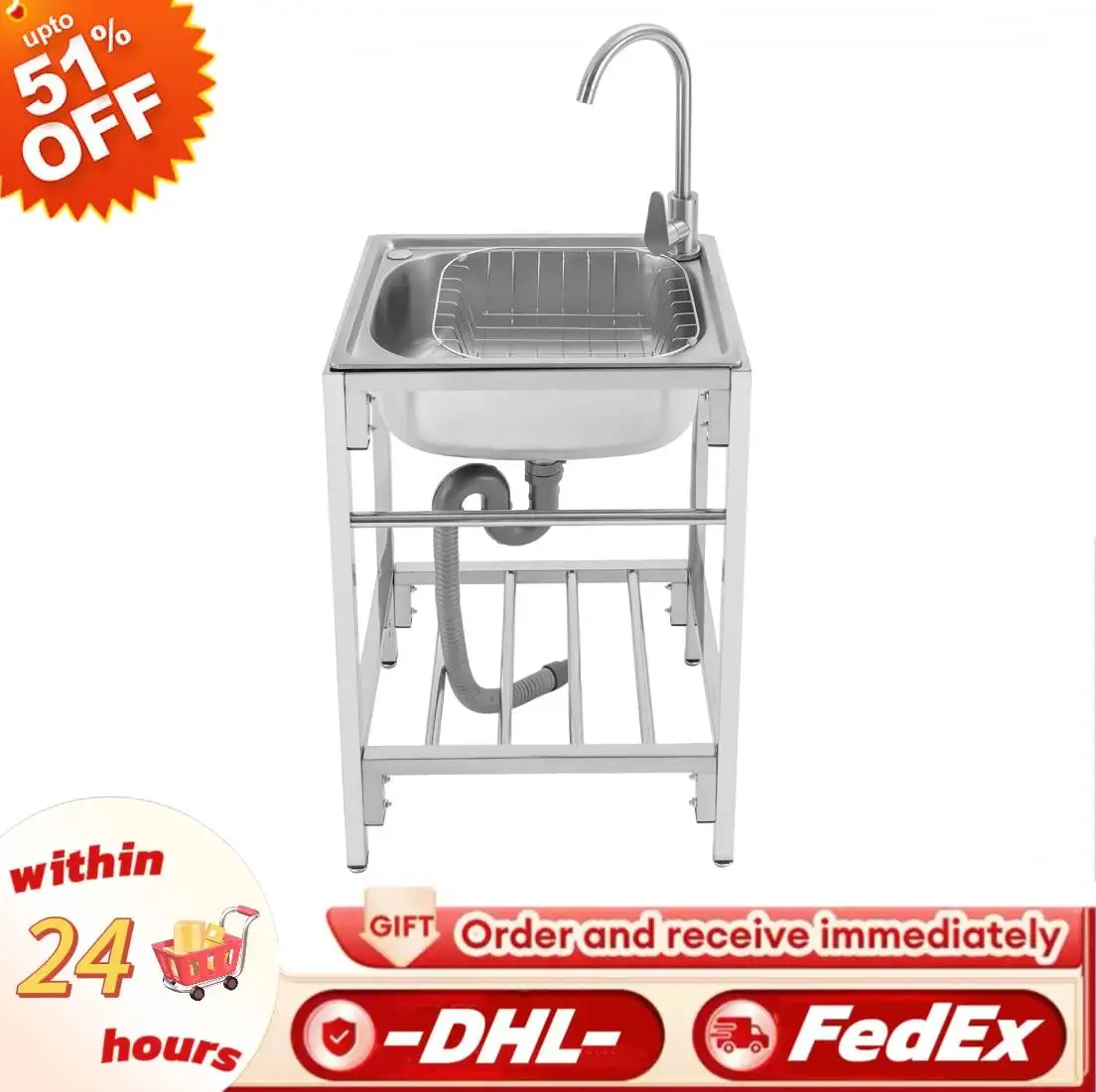 

Кухонная раковина с одной раковиной из нержавеющей стали с подставкой и смесителем, многофункциональная раковина для домашнего стирки 43*33*19 см, с холодным/горячим краном, трубой