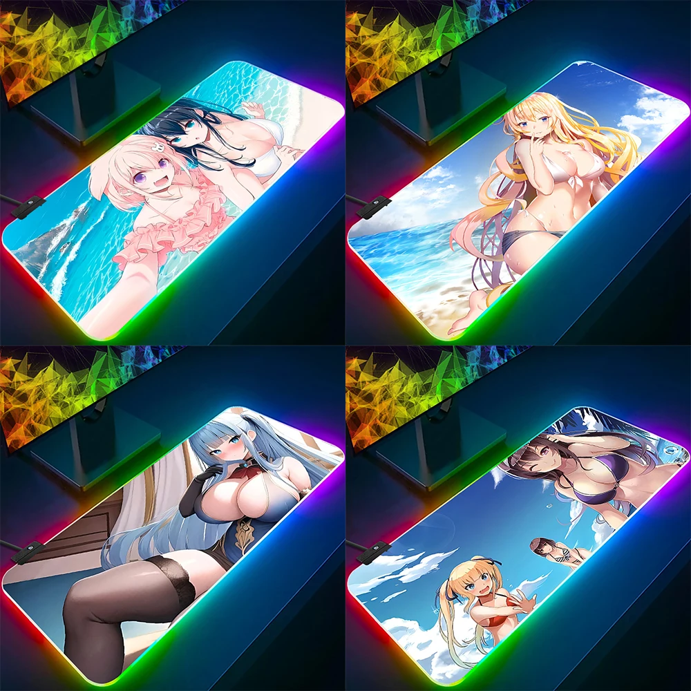 Hentai Anime Sexy Girls Big Boobs RGB Pc Gamer Keyboard Mouse Pad Mousepa LED Glowing Mouse Mats Rubber Gaming Computer Mausepad