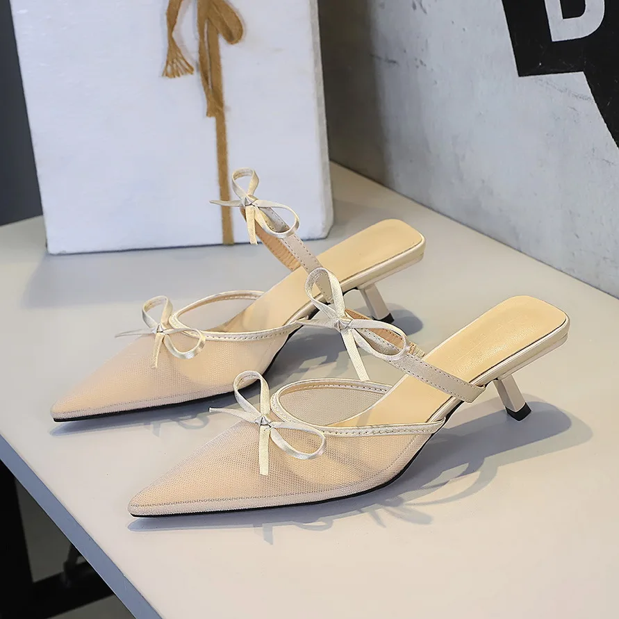 

Ladies' lace half drag slim heels women's shoes pointed shallow bow bow straight strap for wearing slippers outside