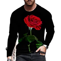 Rose Flower Print Men's Casual T-Shirts 6XL Large Size Long Sleeve Street Hip Hop Pullovers Tops O-Neck Spring Autumn Man Tees