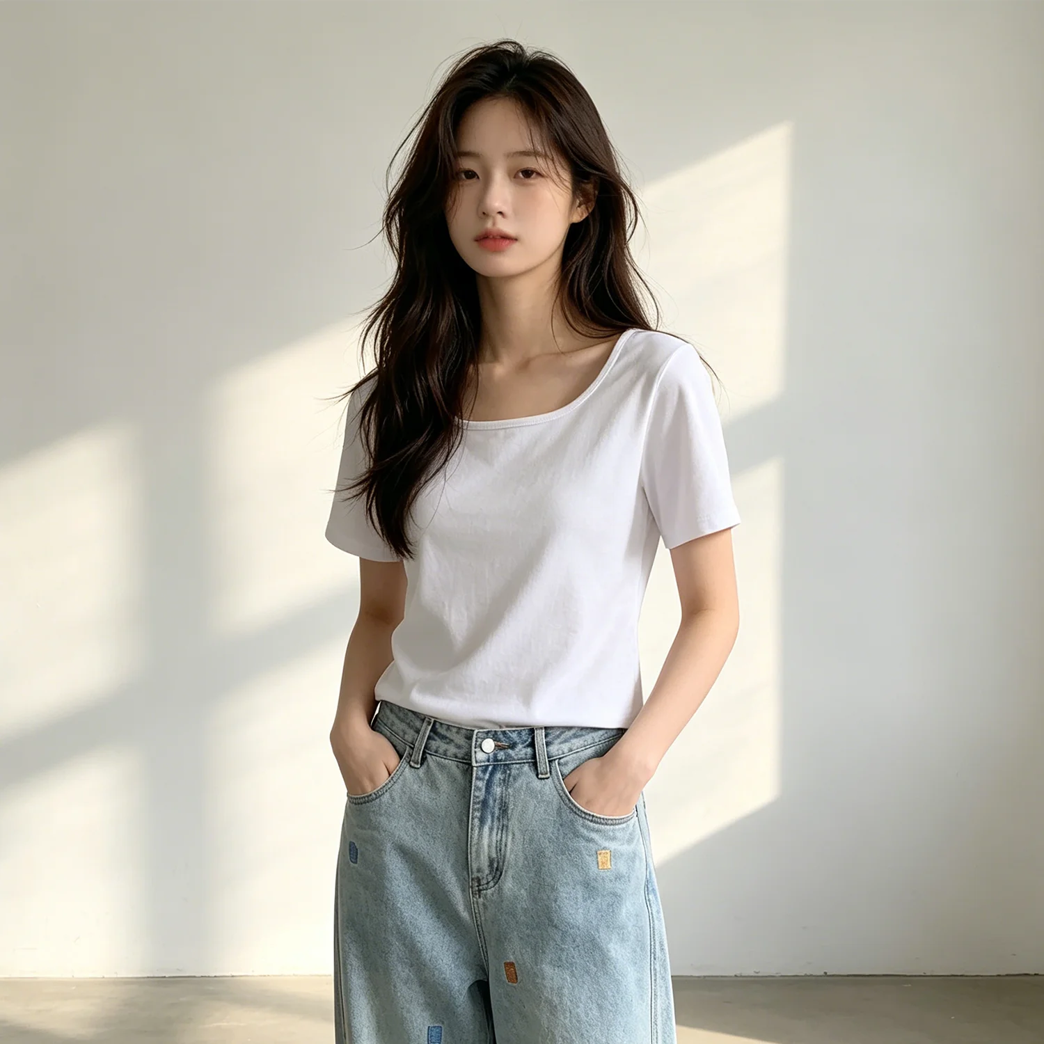 Loose Fit Cotton Half Sleeve T-Shirt Women Summer Low Neck Pure Color U-Neck Short Sleeve Top Korean Style High Waist Artistic