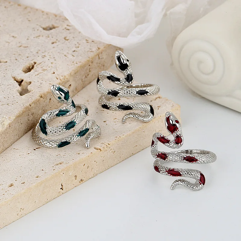 Red Green Black Drop Glaze Punk Snake Rings for Women Men Retro Silver Color Open Adjustable Finger Ring Fashion Gift Wholesale image 4