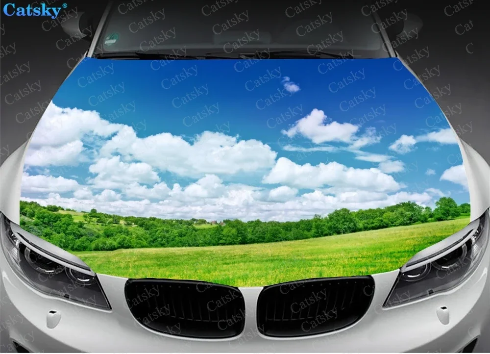 Blue Sky White Clouds Grassland Car Hood Wrap Color Vinyl Sticker Decal Truck Graphic Bonnet Decal Custom Car Decoration Sticker