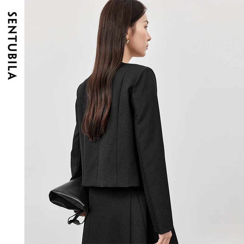 SENTUBILA Cropped Tailored Coat Womens Straight Texture V Neck Long Sleeve Single Breasted Formal Jackets Coats 151X58226