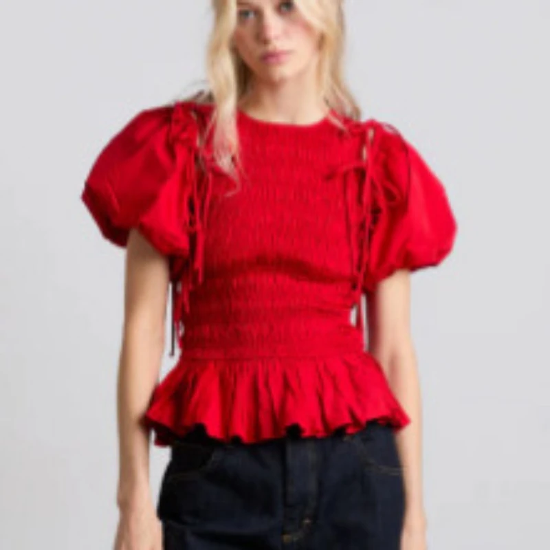 

Solid color bubble short sleeved top, European and American casual eye-catching pleated lace up versatile small top