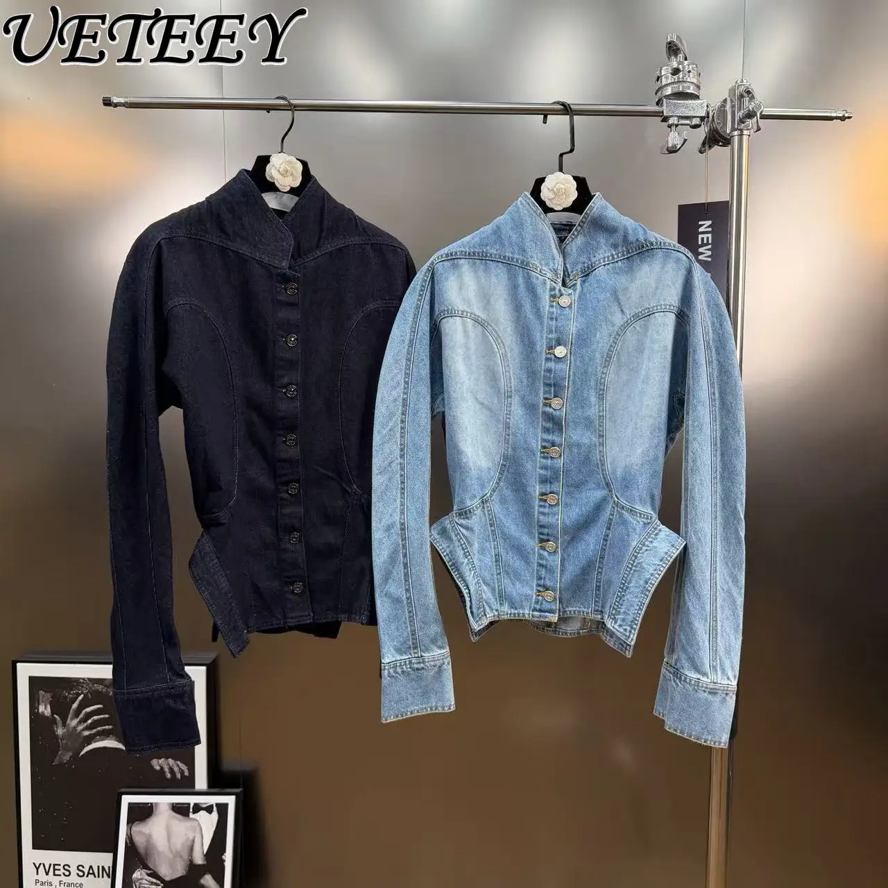 

Весенне-осенняя джинсовая куртка с воротником-стойкой и длинным рукавом с разрезом по подолу в американском стиле Street Y2K Нерегулярное облегающее короткое джинсовое пальто для женщин