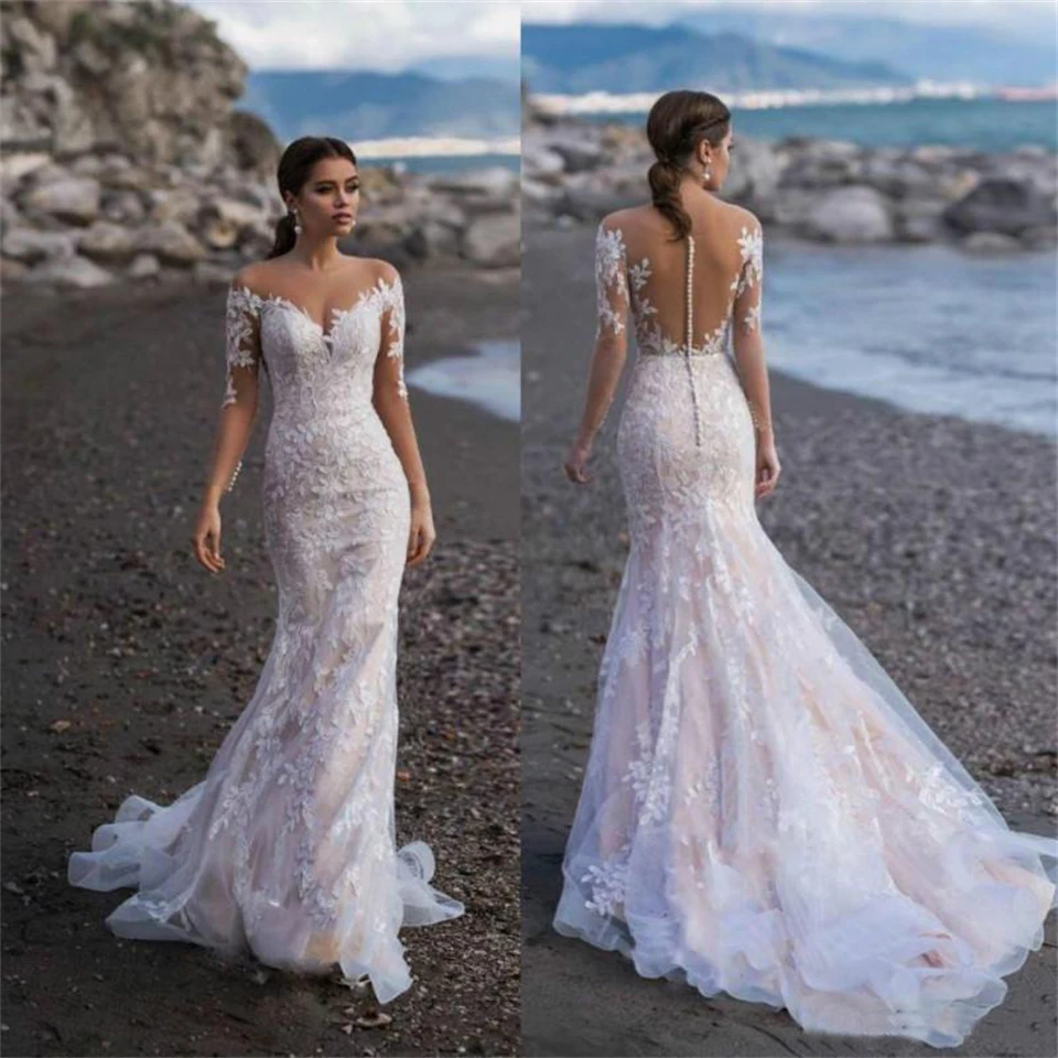 Vestidos De novia De ilusión De sirena De encaje con botones, apliques De cuello De corazón Sexy, vestidos De novia De tren De corte, 2024