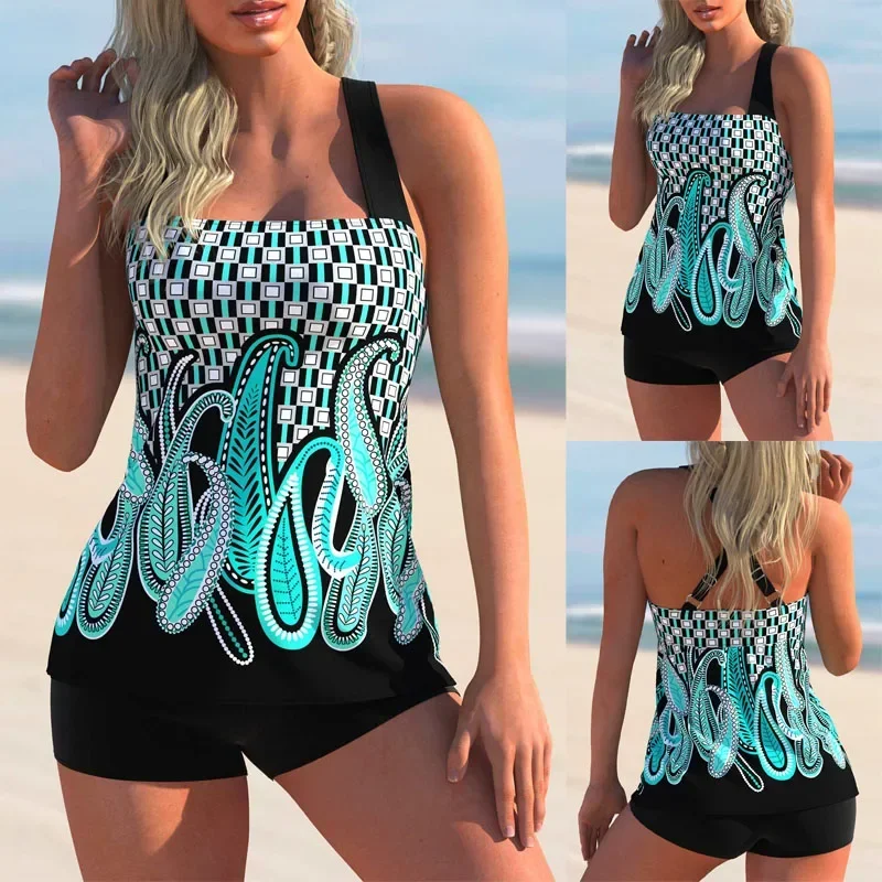 

Summer new fashionable swimsuit casual vacation green retro striped beach swimsuit bikini two-piece set S-M