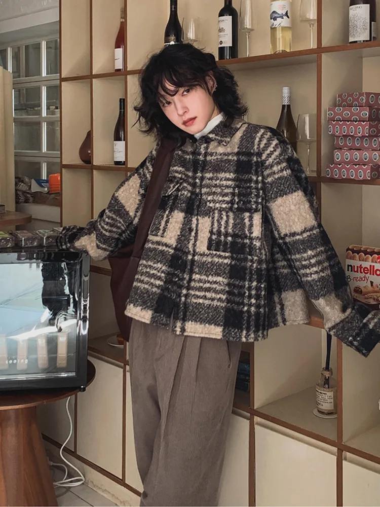 SYUHGFA ملابس رجالية معطف صوفي قصير 2025 الشتاء سميكة الكورية نمط موضة فضفاضة الاتجاه سترة غير رسمية منقوشة الذكور القمم