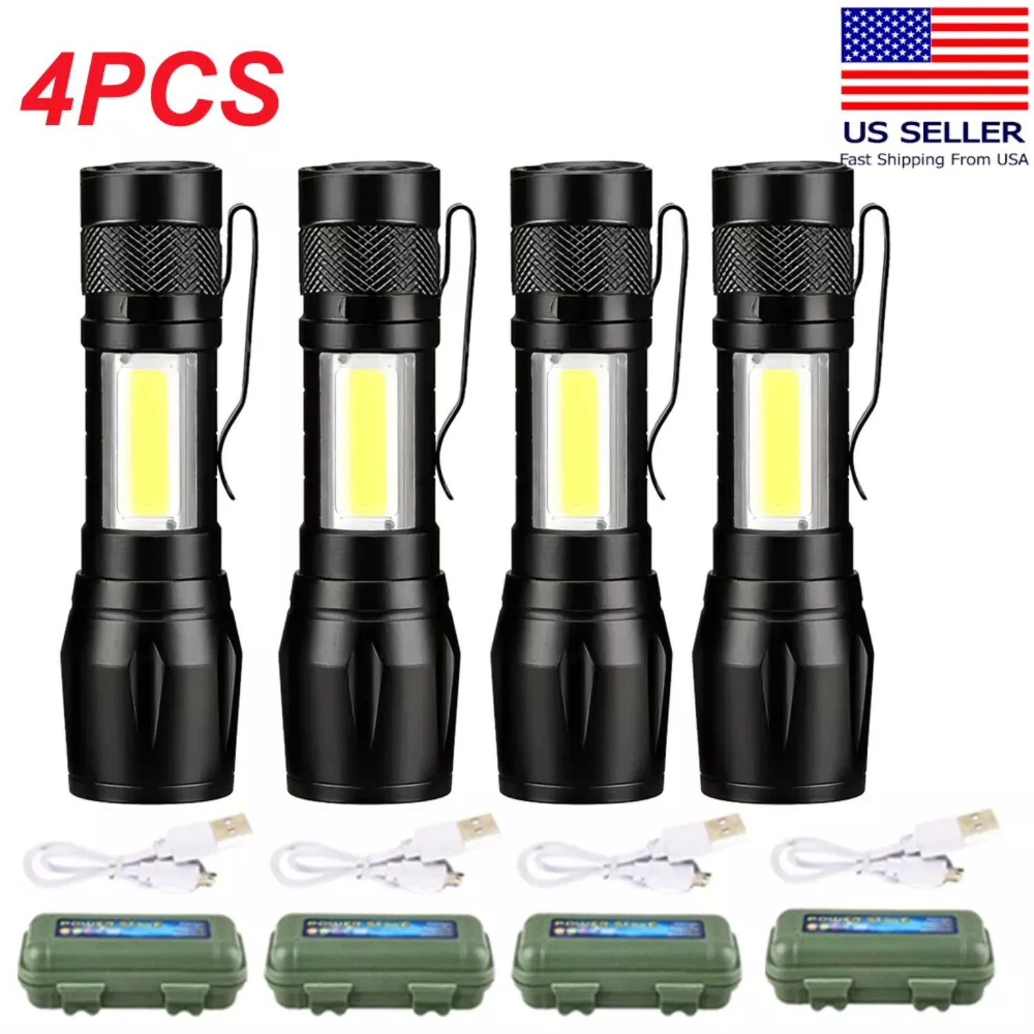 

4 Pack Tactical LED Flashlight USB Rechargeable 3Modes Light Zoomable Lamp Torch