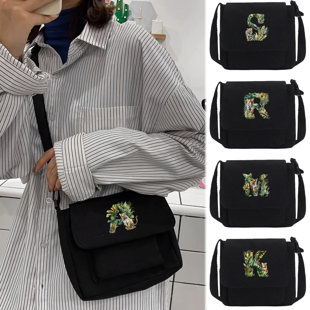 Youth Casual Edition Set Large Capacity Shoulder Bag Canvas Crossbody Bag Jungle Tiger Letter Printed Crossbody Bag
