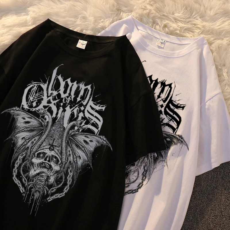 المتضخم المرأة تي شيرت الأبيض القوطية تي شيرت الشارع الملابس الكورية موجة باردة زوجين عالية قصيرة الأكمام أسود الشارع الشهير القمم