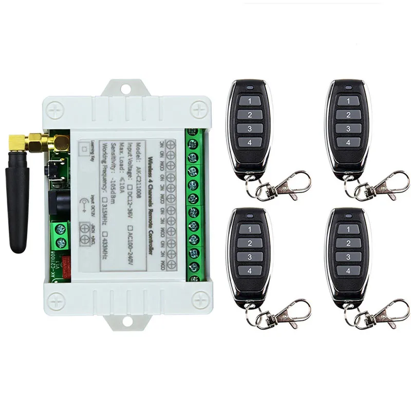 Smart Multiple DC 12V 24V 36V 433MHz 4CH 4 Channel Wireless 10A Relay RF Remote Control Switch Receiver Transmitter For Garage