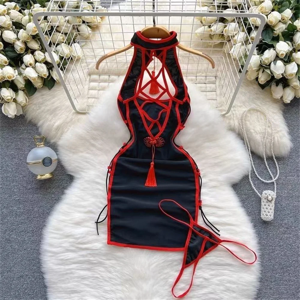 Chinese Slim Cheongsam Sexy Sleeveless Sensual Hollow Out Tassel Backless Printed Mini Dress Hotsweet Nightwear Elegant Pajamas