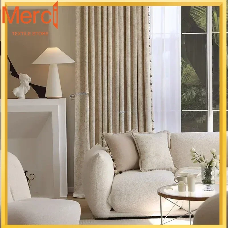 

French American Vintage Weaving Chenille Customize Curtains For Living Dining Room Bedroom High Shading Cream Modern Luxury