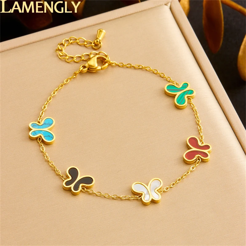 LAMENGLY Free Shipping 316l Stainless Steel 5-Color Cute Pictographic Butterfly Bracelet Women Fun Novel Non-Fading Hand Chain