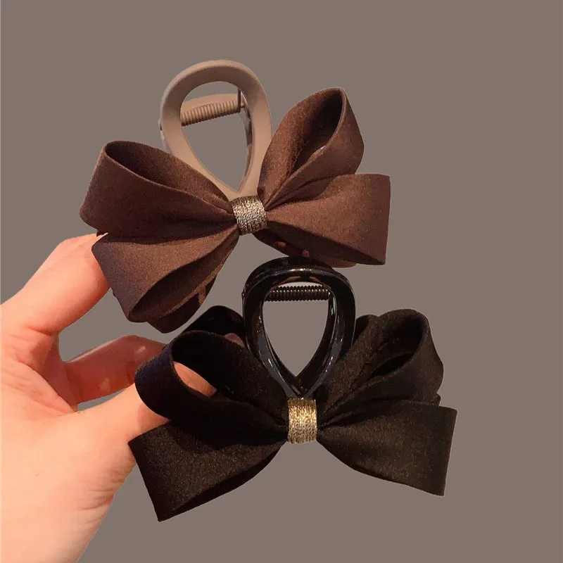 Satin Bow Hair Claw Clip French Retro Audrey Style Shark Clip for Women Back Head Updo Daily Elegant Black