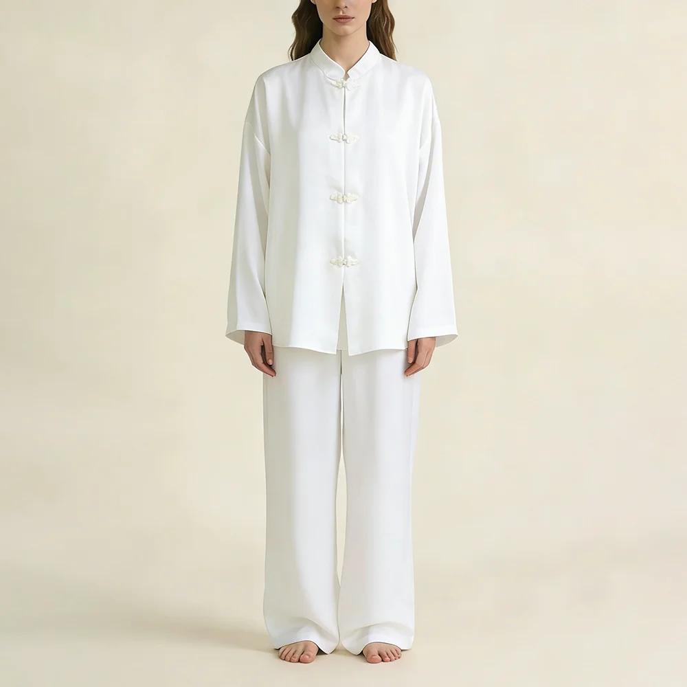 

Nova Women's Acetic Acid Satin Two Piece Set Stand Collar Button Top Wide Leg Pants Casual Loungewear 2026