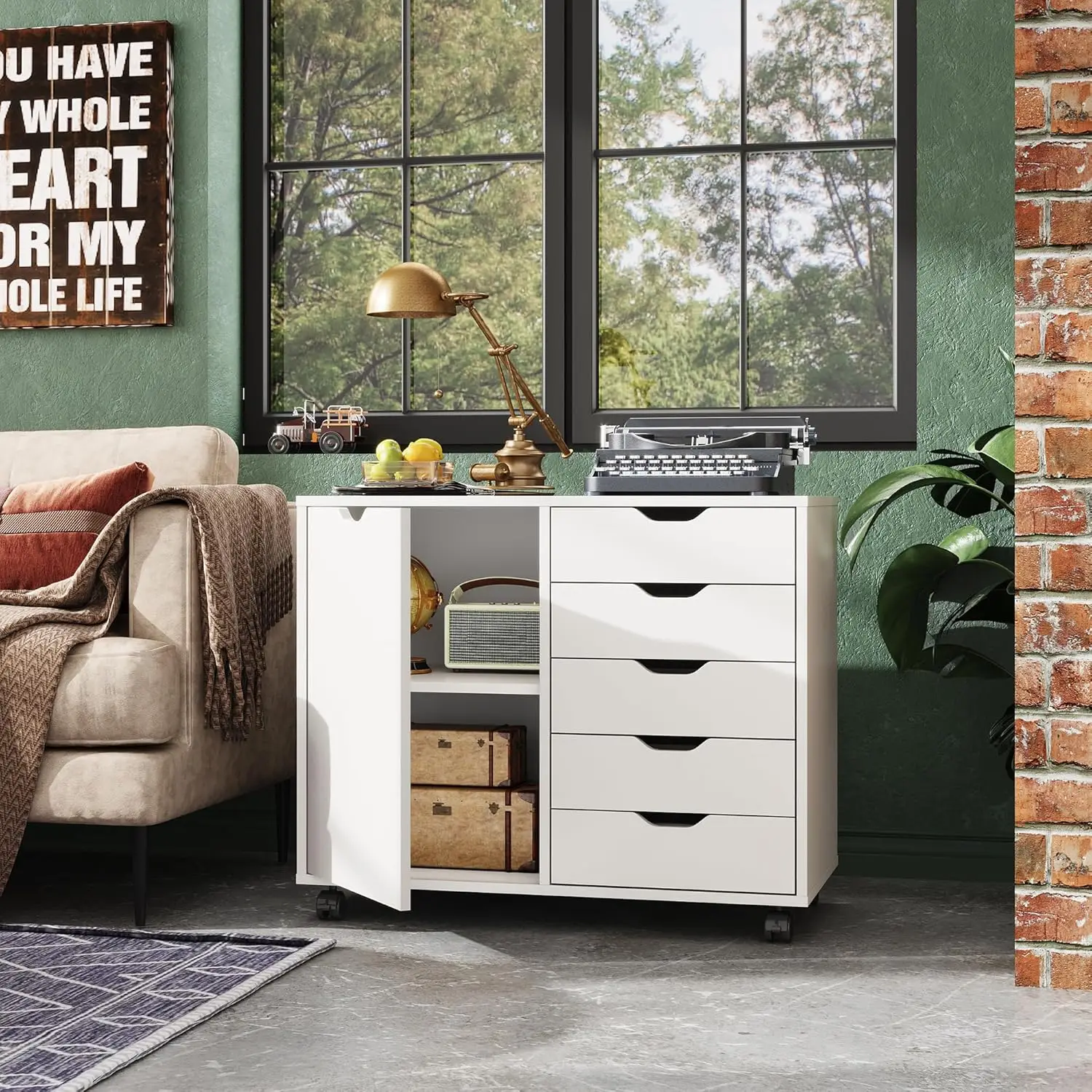 

5-Drawer Wood Dresser Chest with Door, Mobile Storage Cabinet, Printer Stand for Home Office