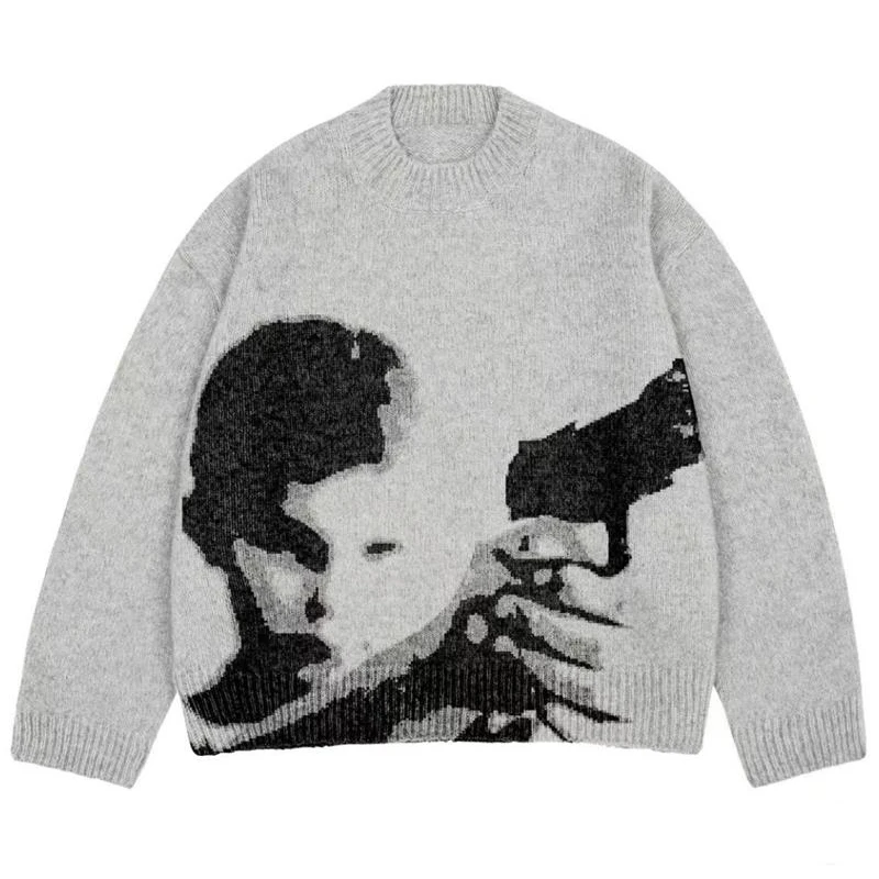 Pistol Design Sweater Male Knitwear Men\'s Jumpers Pullovers Hip-Hop Streetwear Y2k Oversized Women\'s Sweater Harajuku New Knit