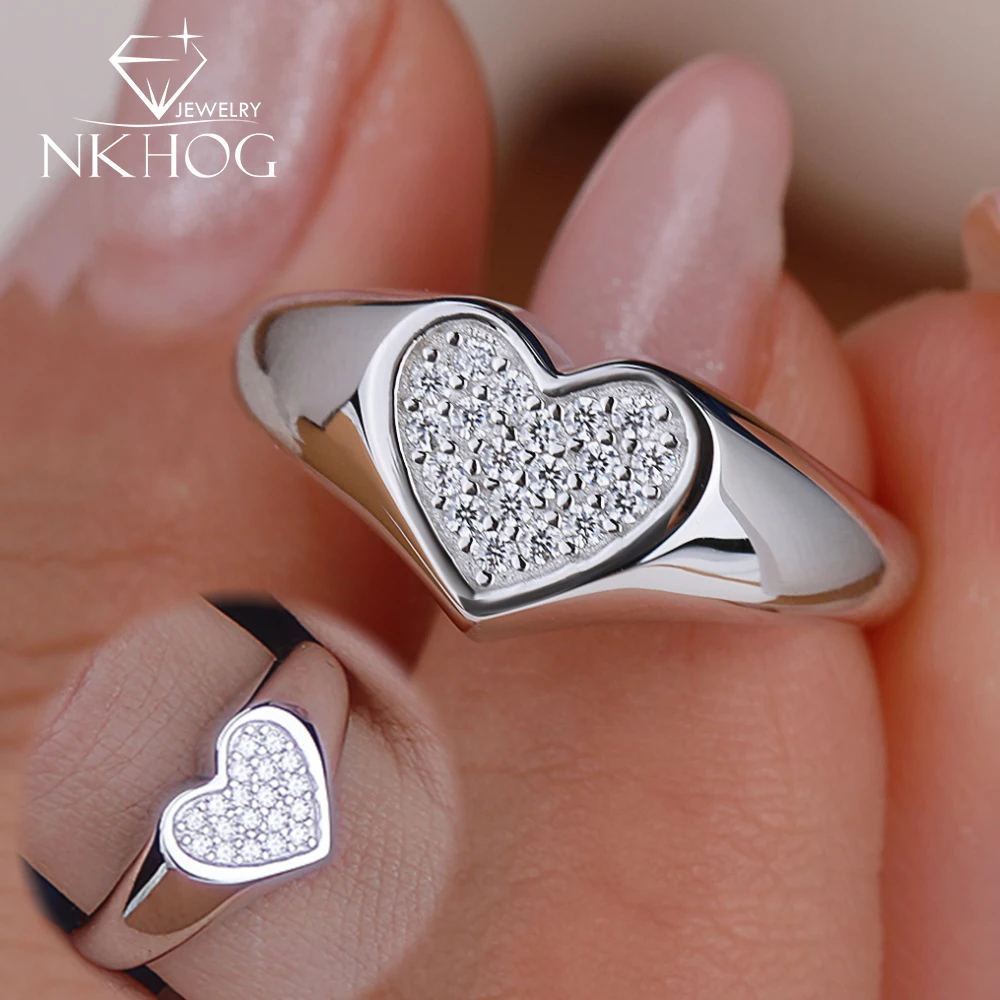 

NKHOG Full Moissanite Heart Shape Rings Women 925 Pure Silver Luxury HipHop Lab Diamond Ring Chunky Wide Band Fine Jewelry Gifts