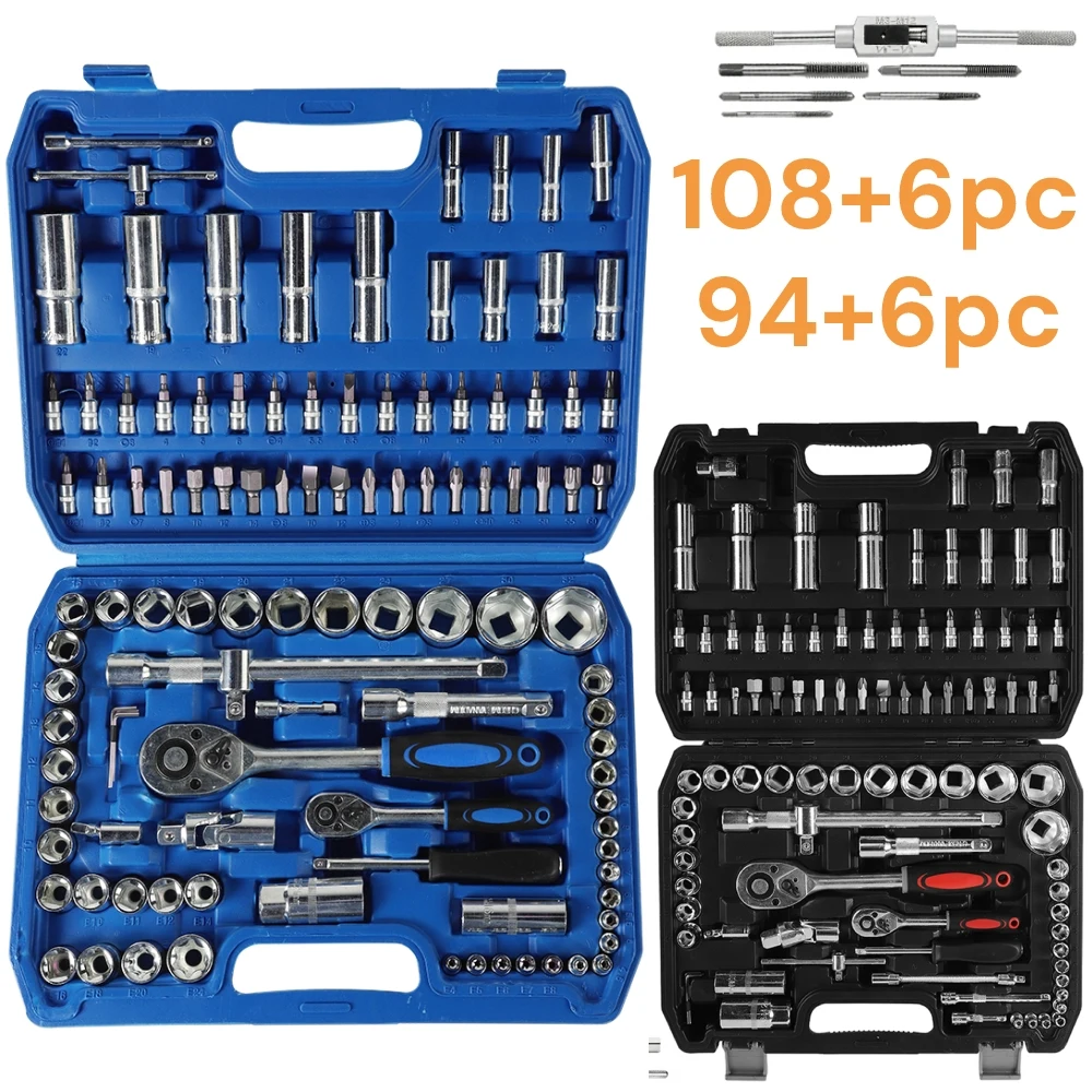 Image of 114-teiliger/100-teiliger Ratschen-Nuss-Schlüsselsatz, Werkzeugset für die Autoreparatur, 1/4" 1/2" Ratschen-Nuss-Schlüsselsatz, Ratschen-Drehmomentschlüssel-Kombination mit Gewindebohrern (M3, M4,