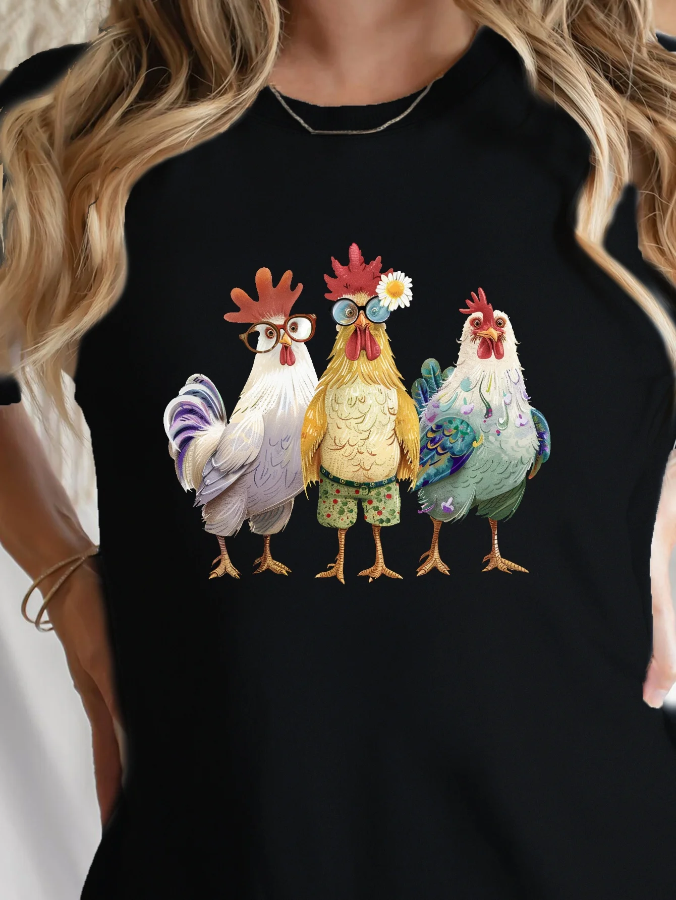 

Stylized Chickens Print Crew Neck T-shirt, Casual Short Sleeve Top For Spring & Summer, Women's Clothing my body my choice