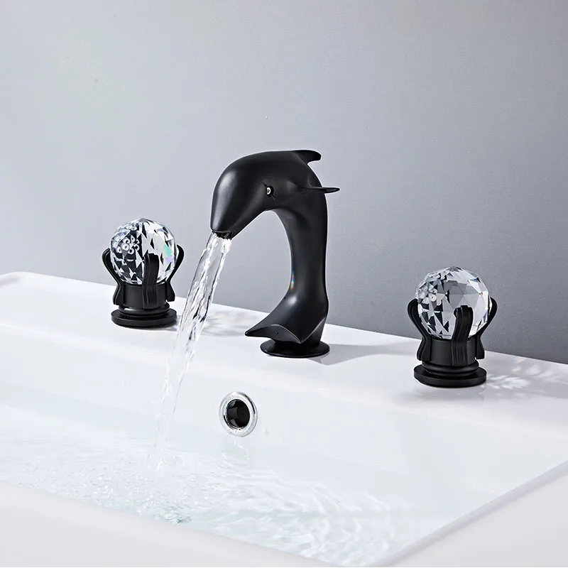 Black Dolphin Bathroom Faucet Polished Gold Washbasin Faucet Sink Mixer Faucet 2 Crystal Knobs, 3-Hole Hot and Cold Faucet