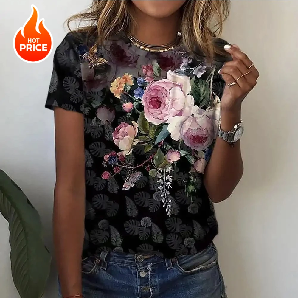 

Модная футболка с 3D цветочным принтом, женские топы с круглым вырезом и короткими рукавами, женские свободные футболки большого размера Y2k, одежда для девочек, футболки
