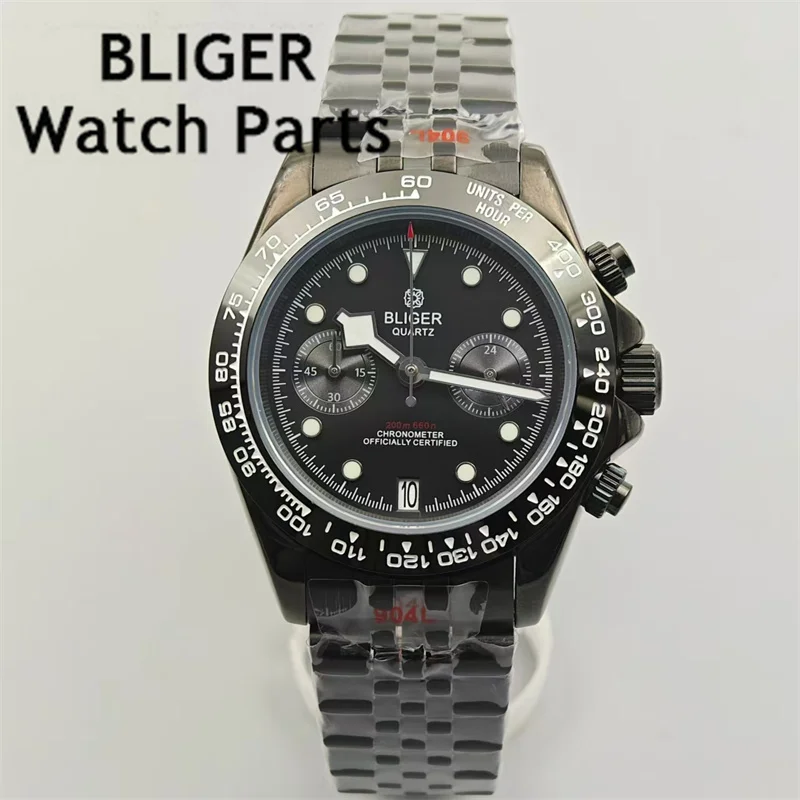 BLIGER Black Quartz Men\'s Watch 39mm VK64 Sport Chronograph Watch For Men With Silver Hands 6 O\'clock Date Sapphire Wrist Watch