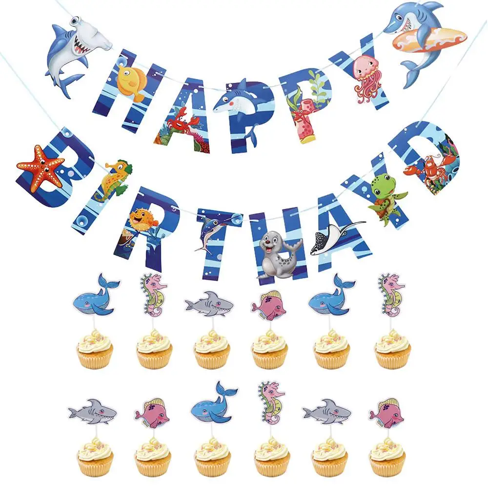 

Blue Shark Theme Ocean Shark Birthday Banner Cartoon Shark Whale Dolphin Shark Birthday Decoration Banner Hanging Paper